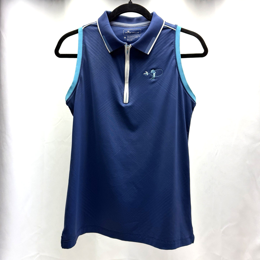 Peter Millar Womens M Golf Polo Tank Blue Sleeveless 1/4 Zip UPF 50+ Embroidered